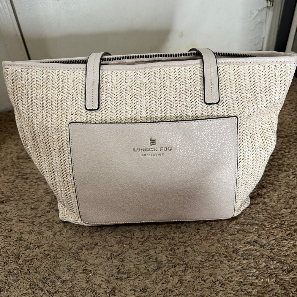 London Fog Collection Woven Straw Tote Bag Beige Cream Herringbone Shoulder Bag